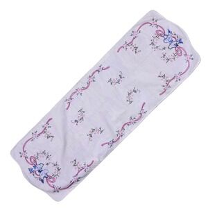 Embroidered Table Runner Blue Birds Pink Flowers Ribbons White Linen